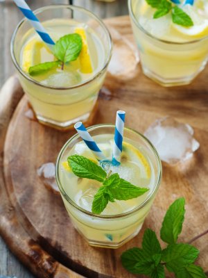 Fresh cocktail witn soda, lemon and mint, selective focus