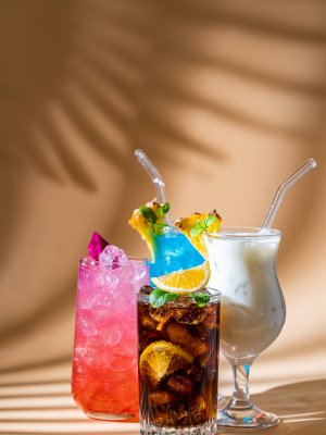 Set of summer classic tropical alcoholic cocktails on light background with natural light and shadows